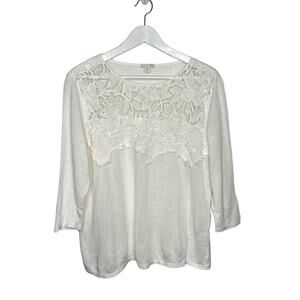 J. Jill White Linen Blend Size PL Crochet Lace 3/4 Sleeve Lightweight Sweater